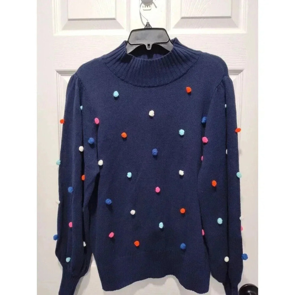 Crown & Ivy Fun Navy 3D Dot Multicolored High Neck Long‎ Sleeve Sweater XLARGE - Picture 1 of 5